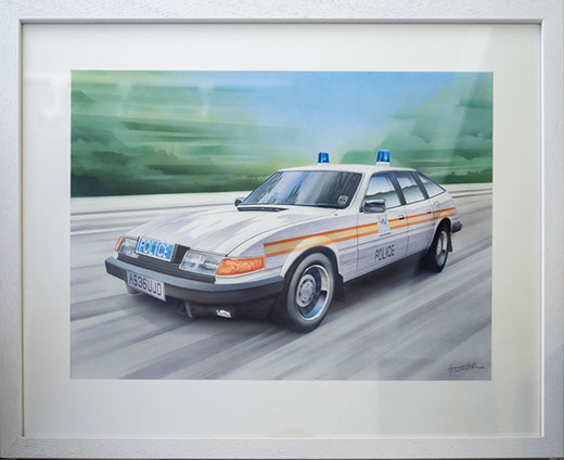 Rover SD1 police car. An original watercolour by Hastings artist Jon Huldrick Wilhelm.